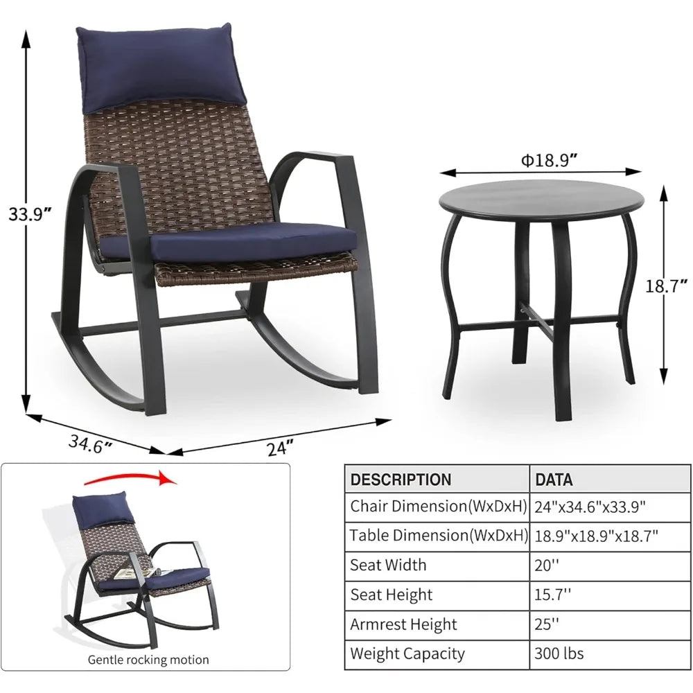 Patio Furniture Set 3 Pieces Outdoor Furniture Cushioned Rocking Chairs with Side Table Pillow All Weather Frame