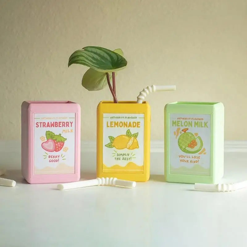 Kawai Flower Pots Juice Box Flower Pot Beverage Plastic Vase Succulents Cactus Flowers Pot Decor Planter For Plant Cute Gift