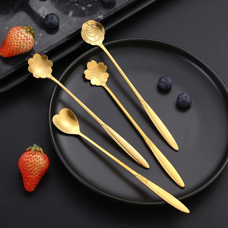 4Pcs/Set Small Flower Teaspoon Stainless Steel Coffee Spoon Cute Ice Cream Dessert Cake Scoop Gift Cutlery