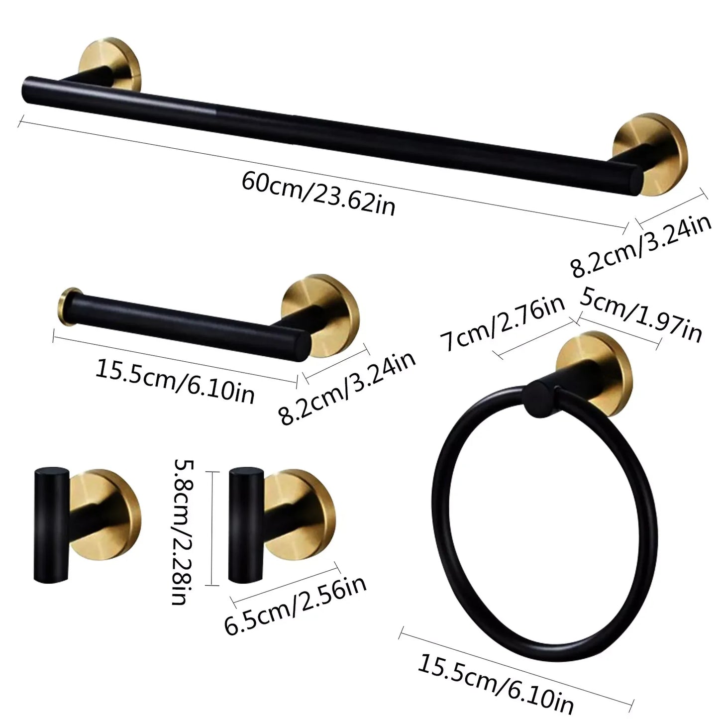 5-Piece Bathroom Bath Hardware Accessories Set Paper Holder Towel Bar Hooks Kit Matte For Home Black+Gold 304 Stainless Steel
