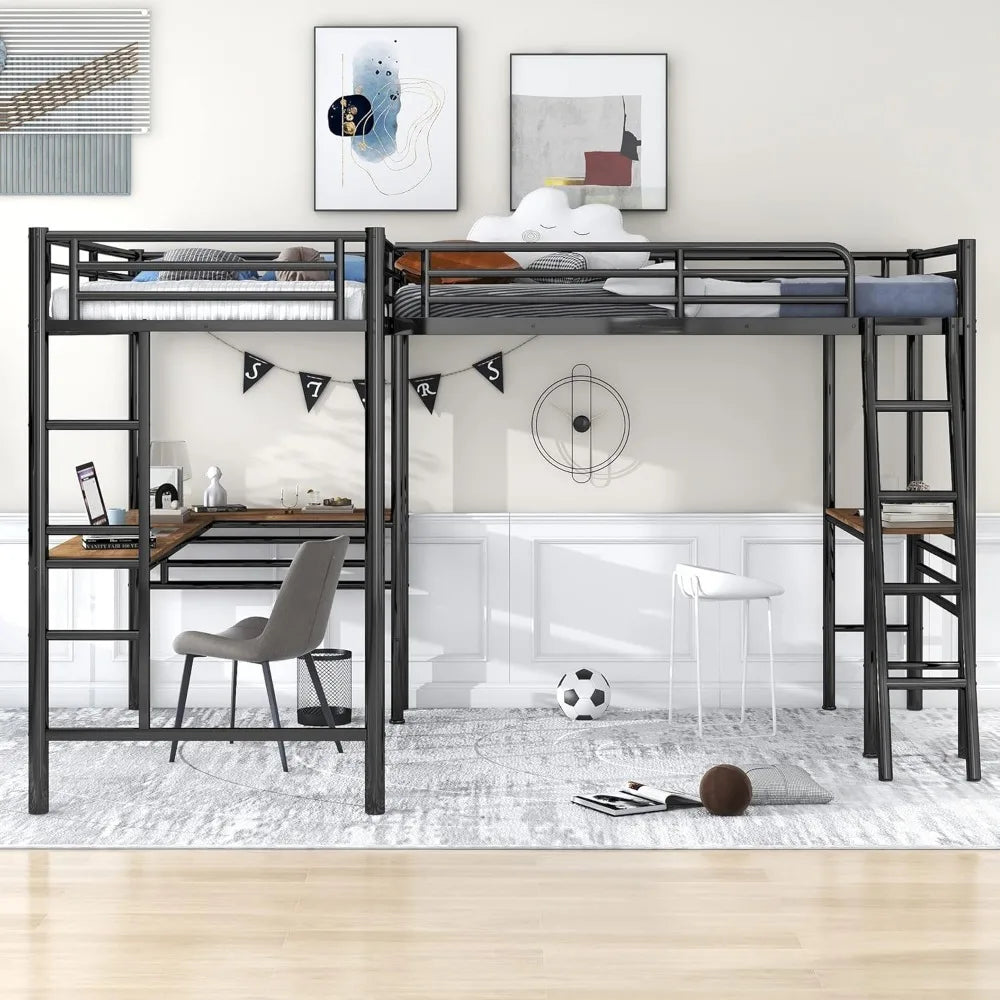 Double Twin Size Loft Beds, Metal L-Shaped Loft Bed Frame with Two Desk Underneath for 2 Kids Boys Girls Teens, Black