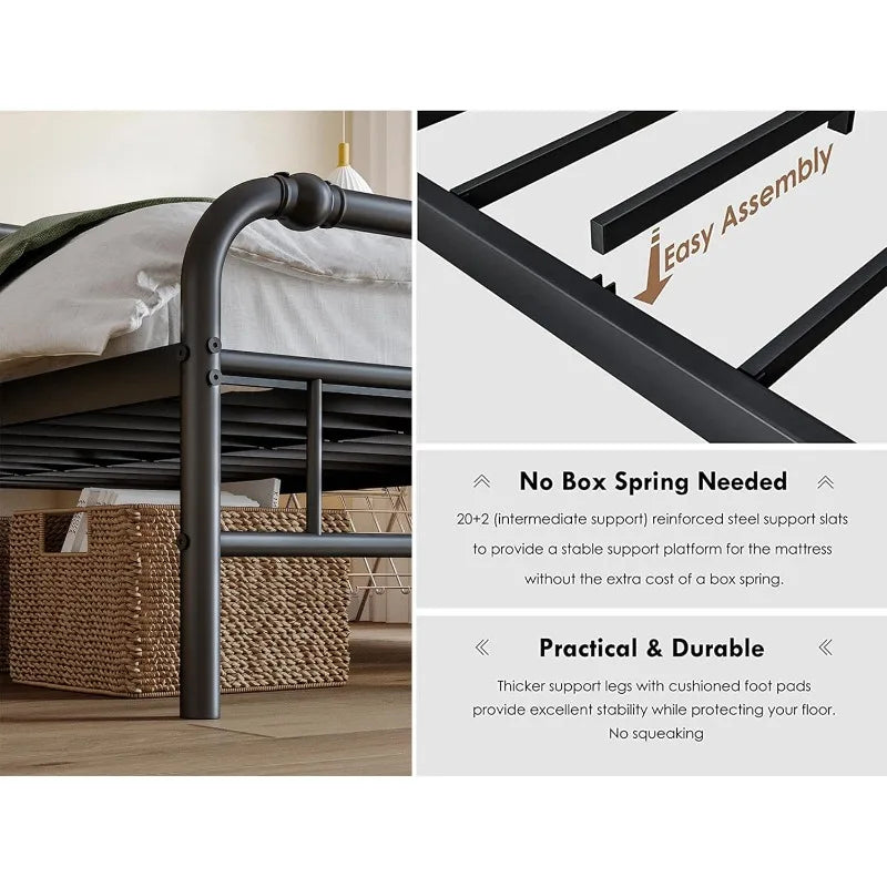Metal Queen Size Bed Frame with Headboard and Footboard, 14 Inch High, 3500 Pounds Support, Non-Slip and Noise-Free