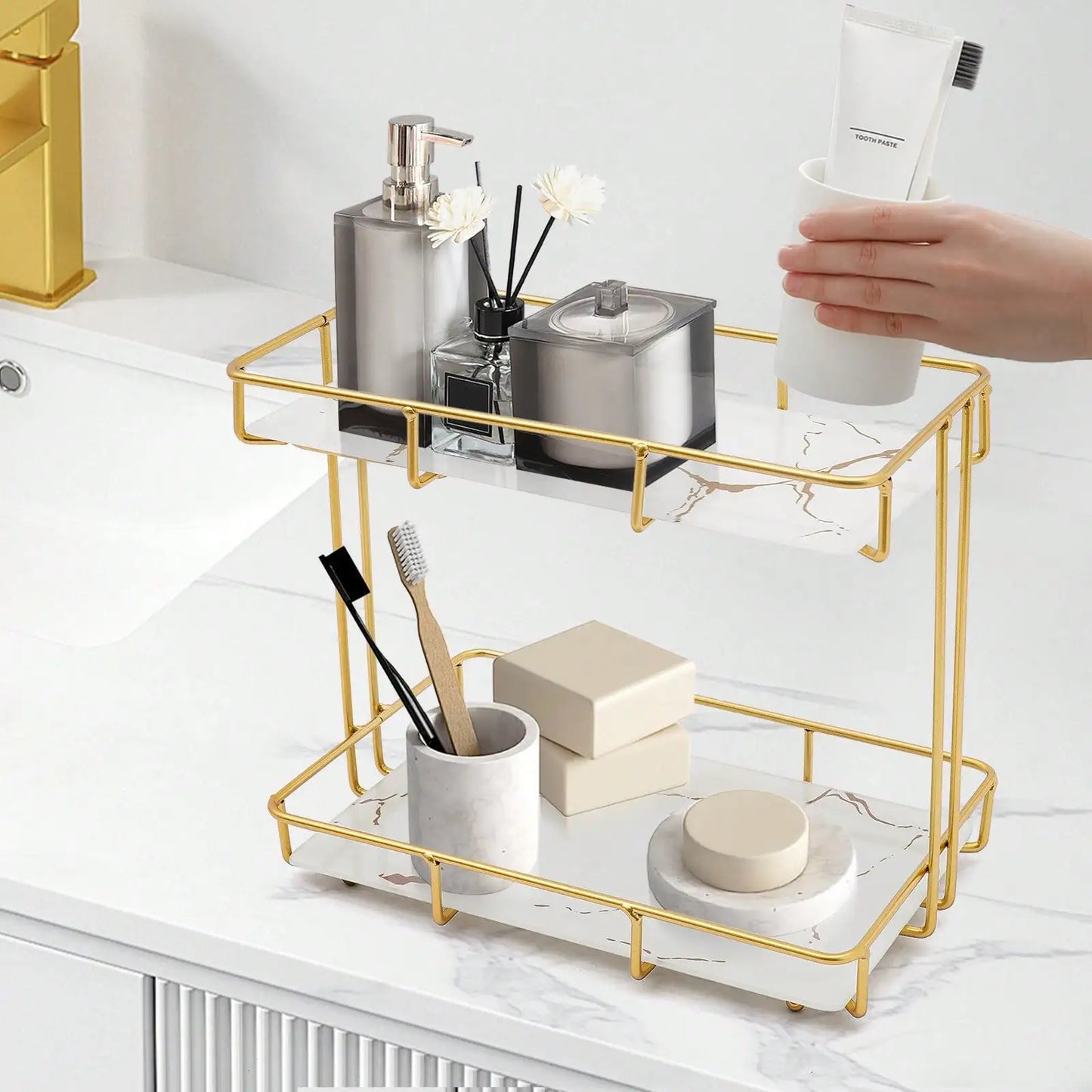 Black/White 2 Tier Bathroom Organizer Countertop Perfume Makeup Organizer Cosmetics Storage Display Rack Vanity Tray Dresser