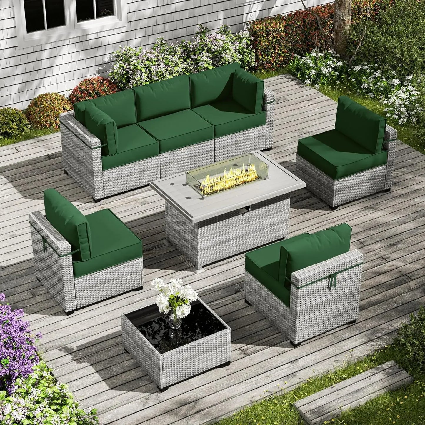 8-Piece Patio Furniture Set With Fire Pit Table, Seat Cushions Light Grey Outdoor Modular Wicker Conversation Set