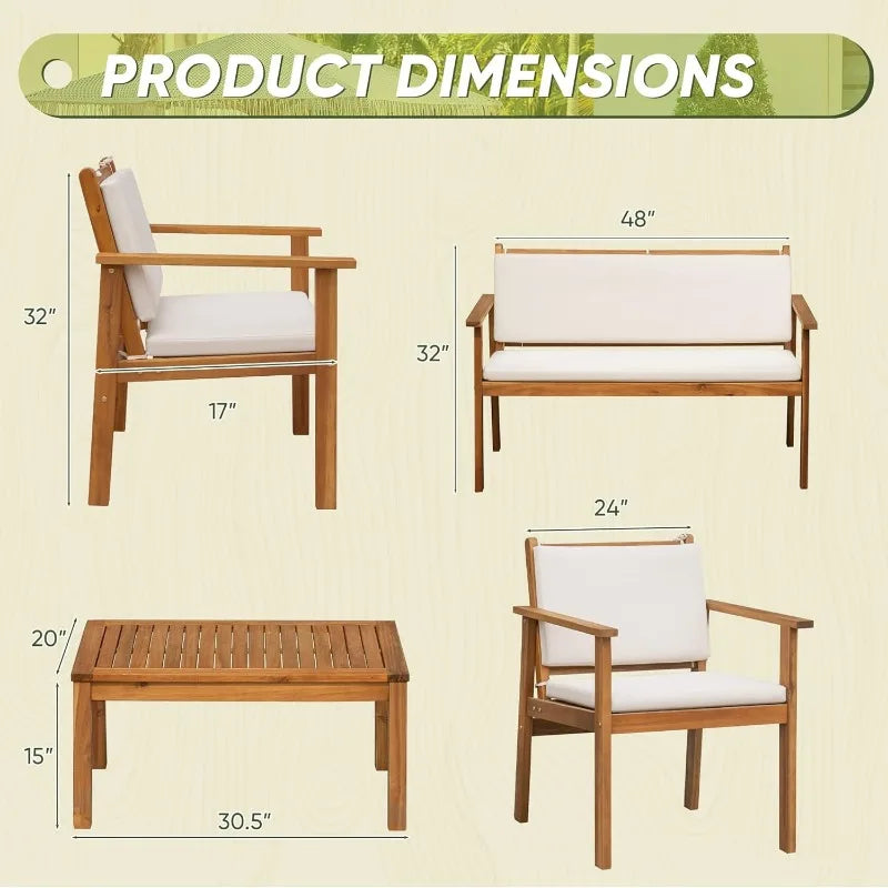 Patio Furniture 4-piece outdoor acacia wood patio conversation sofa set with table and cushion