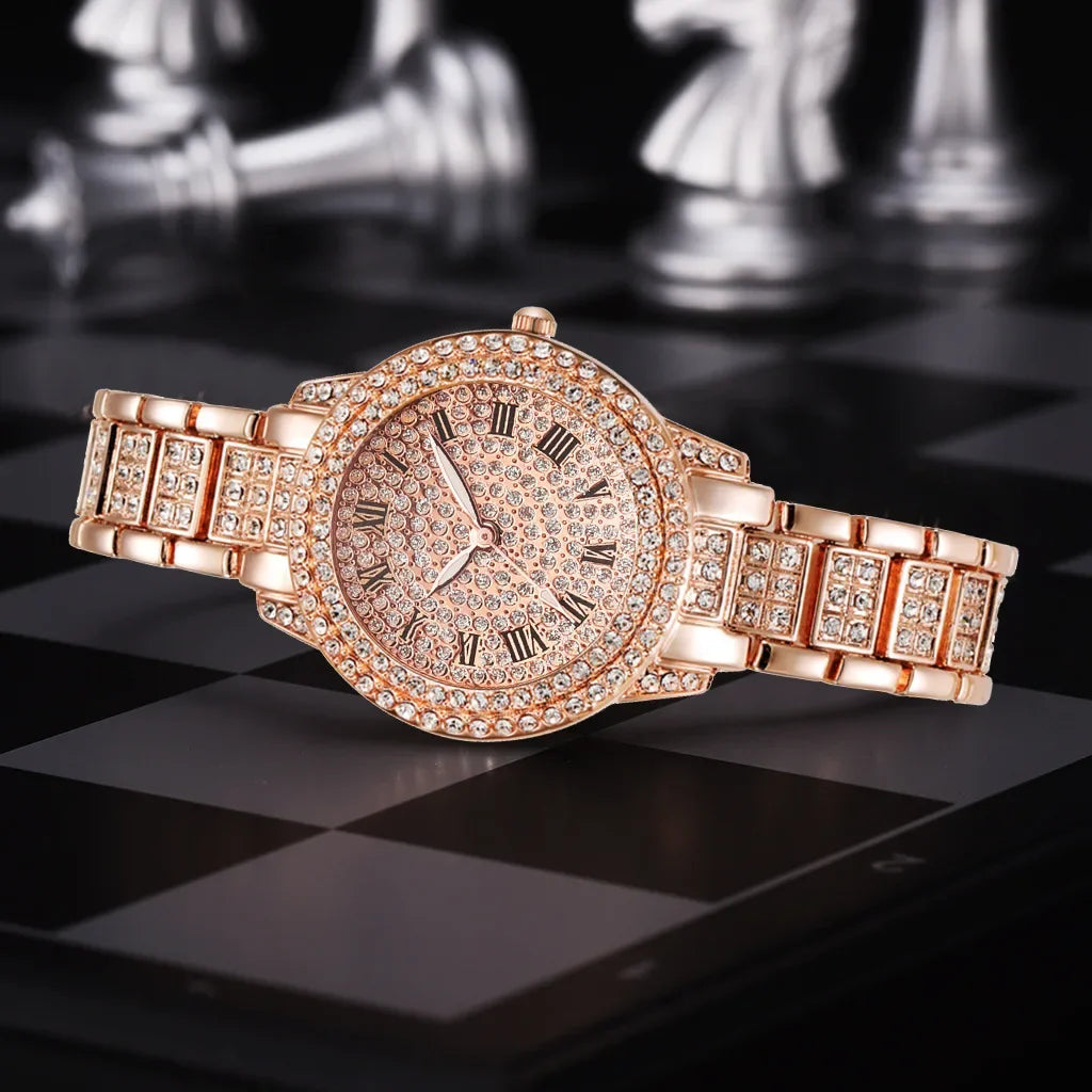 Fashion Women Wristwatches Relojes Para Mujer Luxury Classic Golden Watch Women Alloy Strap Round Rhinestone Dail Quartz Watches