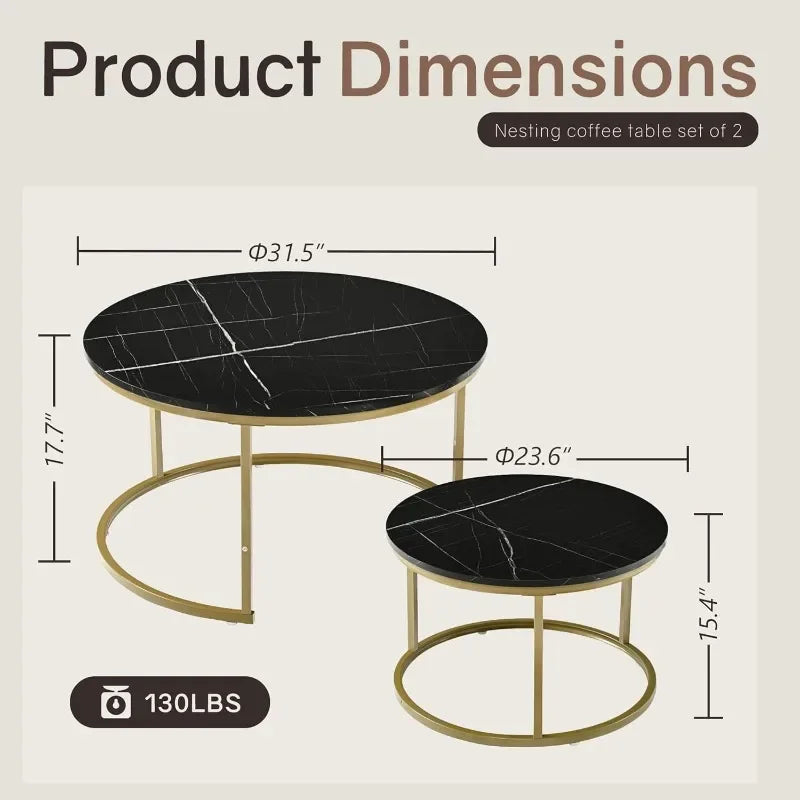 Nesting Tables Set of 2, 31.5" Round Coffee Table, Small Nesting Coffee Table with Adjustable Non-Slip Fee, Black Marble Top