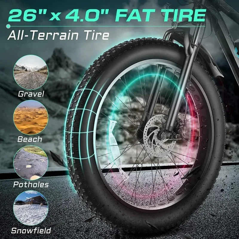 Electric Bike 500W 26" x 4.0 Fat Tire Electric Bike with 48V 13Ah Removable Battery, 7 Speed, 25MPH, Cruise Control