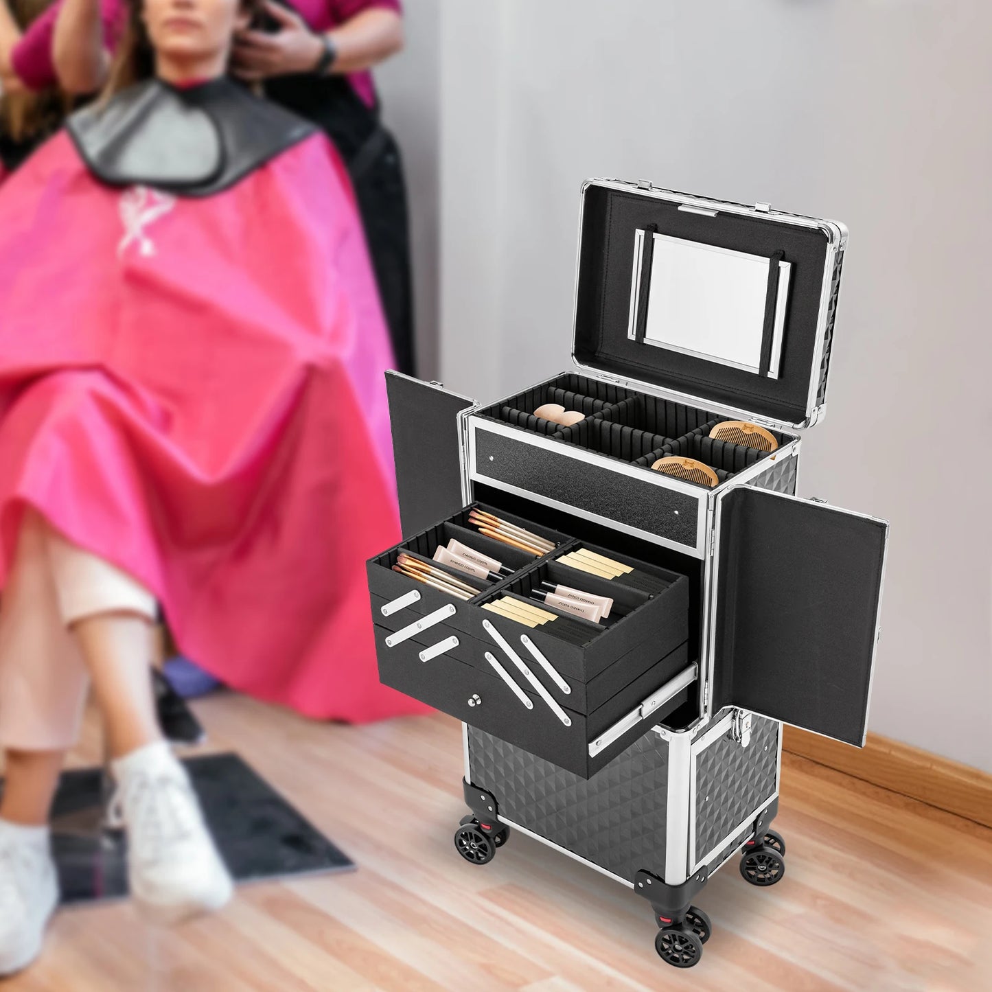 Secure and Spacious Rolling Makeup Case for Cosmetologists and Hairstylists - Easy to Clean and Transport