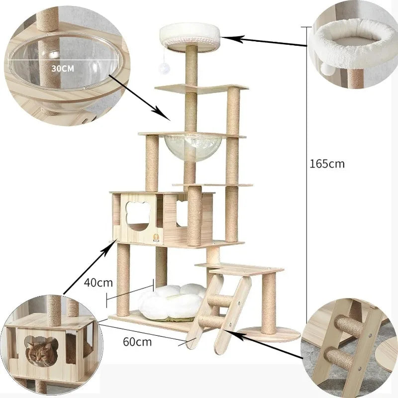65-Inch Multi-Pure Wood-Level Cat Tree Tower with Condo,  with Padded Platform Bed, Toy Balls, and Sisal Scratching,Cat Tree