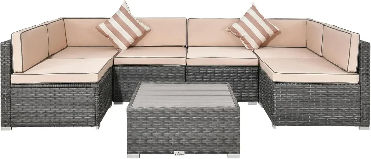 7 Piece Outdoor Patio Furniture Sets with Cushions,Patio PE Rattan Wicker Conversation Couch Sets with Slatted Table,Pillows