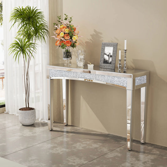 47.2" Mirrored Desk Silver Console Table Mirror Sofa Table with Crystal Inlay Front for Living Room, Entryway, Foyer