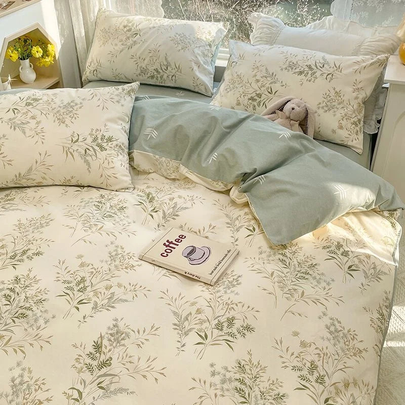 Ins Style Duvet Cover Set with Flat Sheet Pillowcases Cute Orange Cherry Crow Printed Single Double Queen Size Girls Bedding Kit