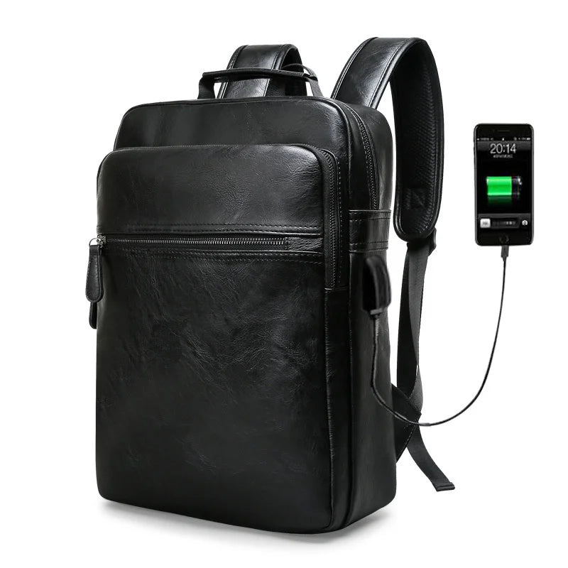 Vintage USB Charging Men's Backpack Luxury PU Leather Student School bag Large Capacity Laptop Bag Casual Male Travel Backpack