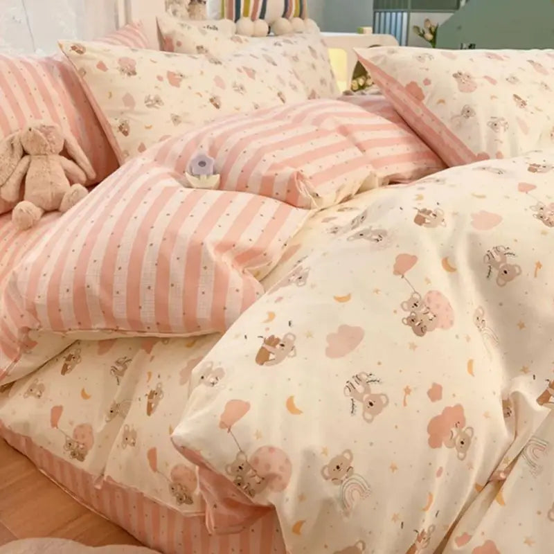 Cute Bear Duvet Cover Set with Zipper Pink Heart Bed Sheet Pillowcases No Filler Twin Queen Size Girls Boys Gift Bedding Set