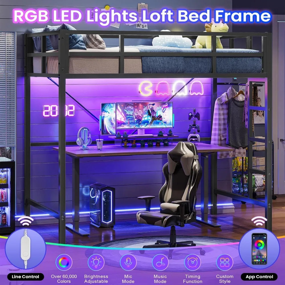 Twin Loft Bed with LED Lights, Metal Loft Bed Twin Size with Full-Length Guardrail &Clothes Rack,Heavy Duty Metal Loft Bed Frame