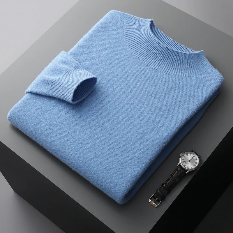 New Men's 100% Merino Wool Mock Neck Pullover Cashmere Sweater Soft Warm Jumpers Quality Casual Smart Knitwear Basic Tops Clothi
