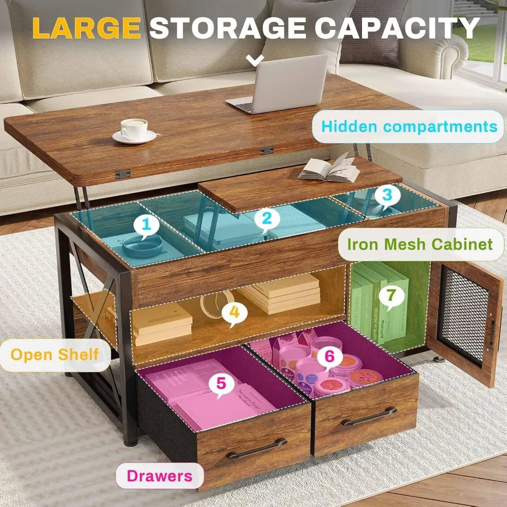 40" Lift Top Coffee Table, 4 in 1 Coffee Tables with Storage Cabinet for Living Room, Small Farmhouse Coffee Table with 2