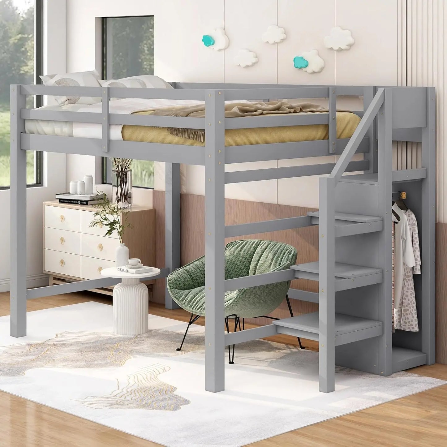 Loft Bed,Full Size Loft Bed with Storage Staircase and Hanger for Clothes, High Loft Bed Frame for Kids Teens Girls Boys Bedroom