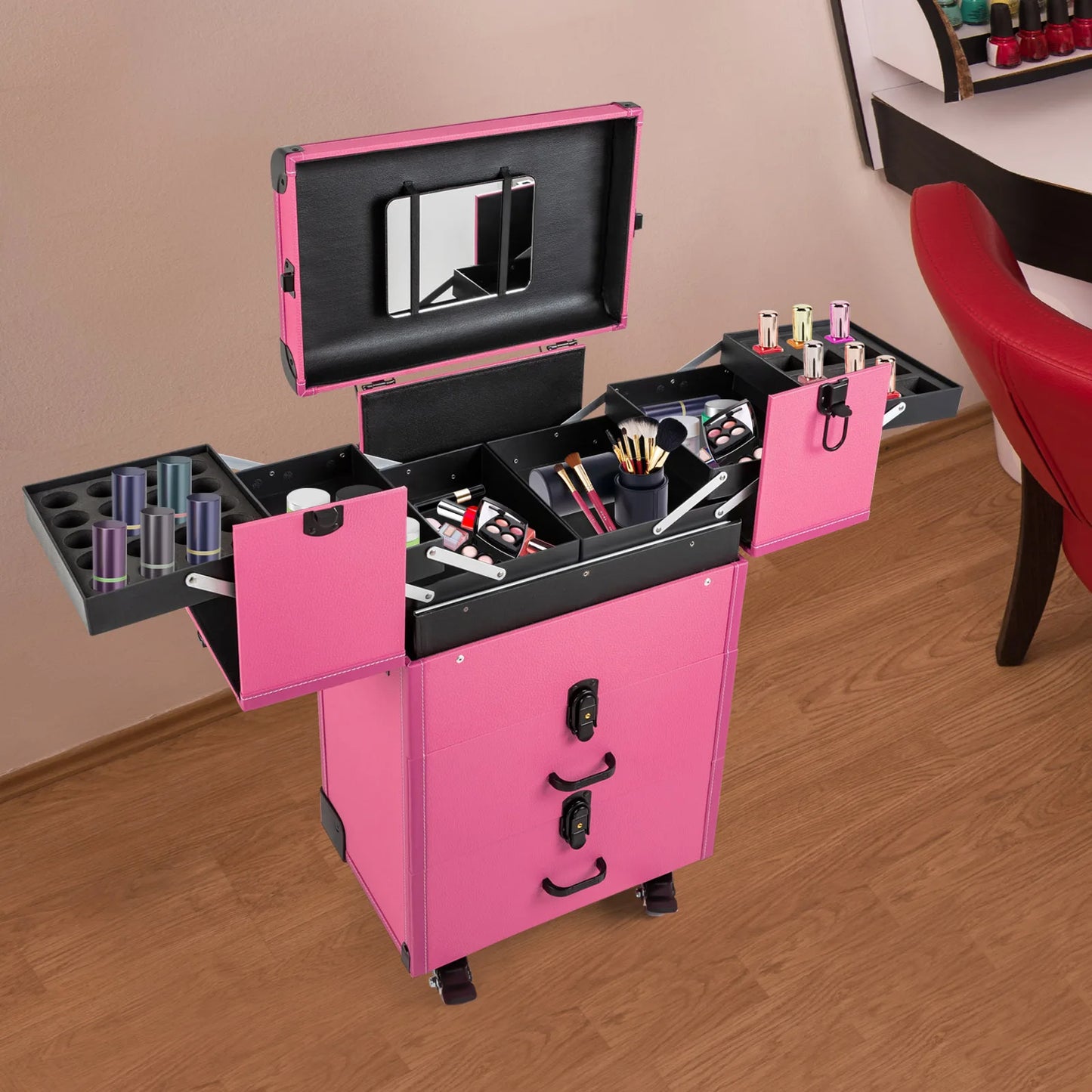 4 in 1 Portable Rolling Makeups Train Case,Salon Cosmetic Storage Organizer w/Mirror,Travel Trolley Organizer Box