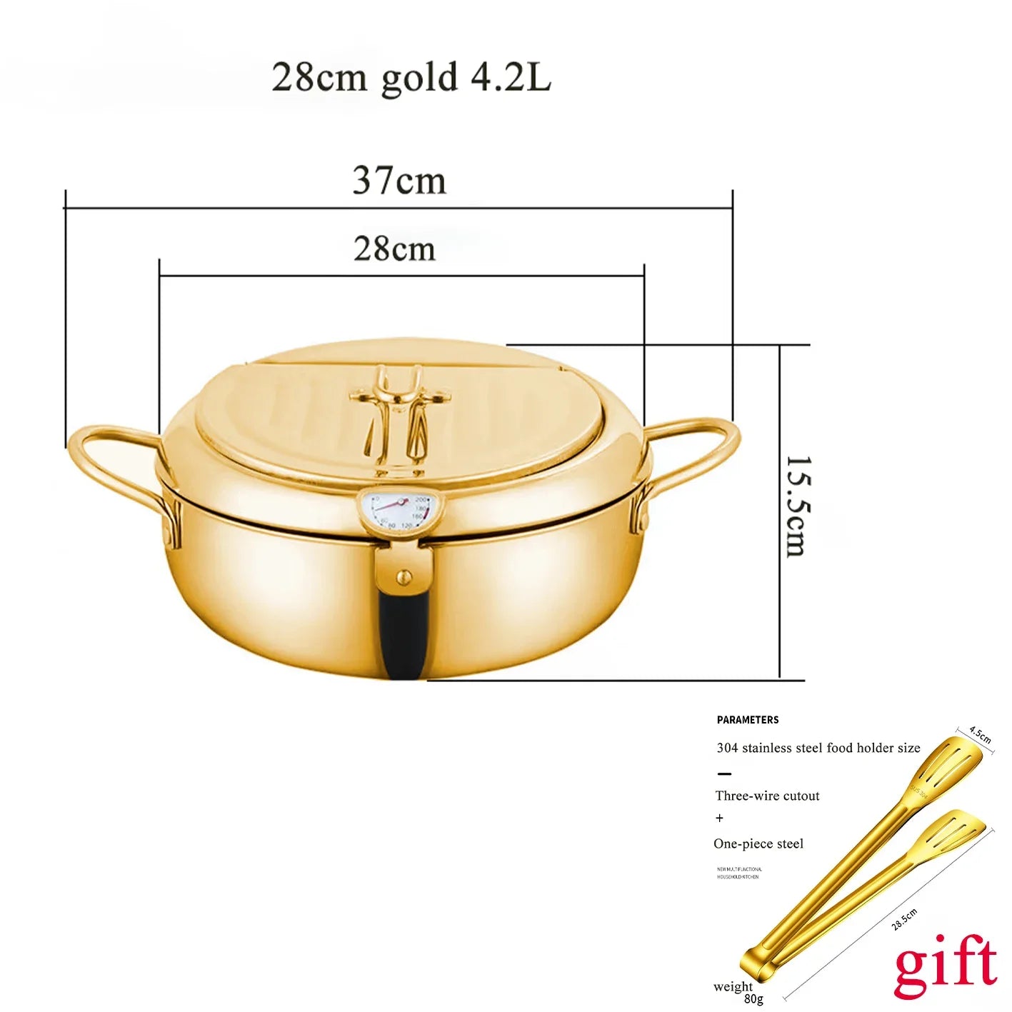 304 Stainless Steel Pan ,Tempura Fryer Pan, Japanese Deep Frying Pot with a Thermometer and a Lid， cookware ，20 /24 /28cm
