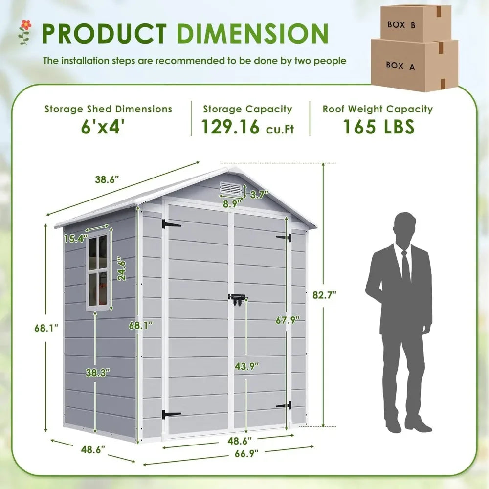 Outdoor Storage Shed, 6 x 4 FT Resin Shed with Floor and Lockable Door, Plastic Garden Tool Outside Sheds for Patio Backyard