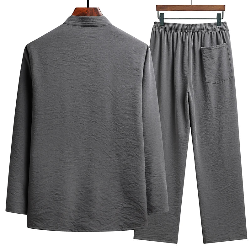 Chinese Traditional Clothing Set Man Fall Linen Buckle Kung Fu Shirt Oriental Retro Top Pants Tai Chi Breathable Uniforms Hanfu
