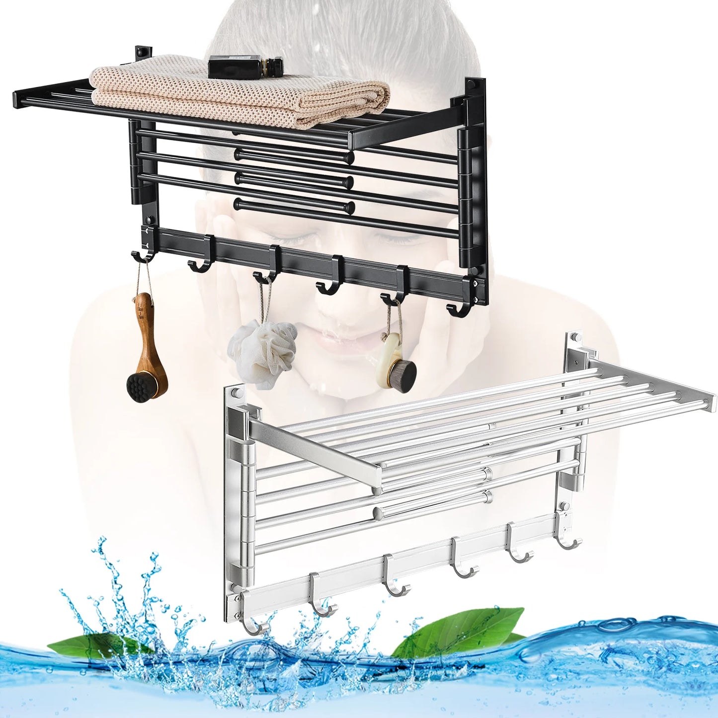 Laundry Clothes Drying Rack Bathroom Towel Rack Wall Mounted Towel Holder w/Hook