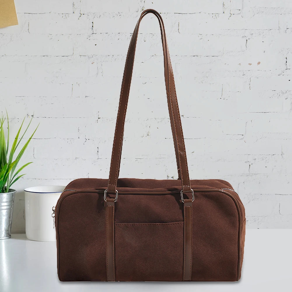 Women Faux Suede Shoulder Bag Trendy Handbag Large Capacity Small Tote Bag Zip Closure Elegant Shoulder Purse Outdoor Travel Bag