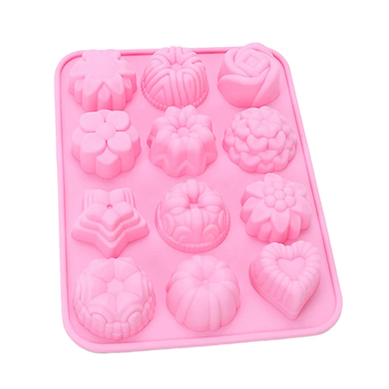 12 Holes Silicone Pastry Chocolate Molds For Oven Individual 3D Mini Dessert Flowers Heart Star Muffins Cupcake Baking Pan Tray