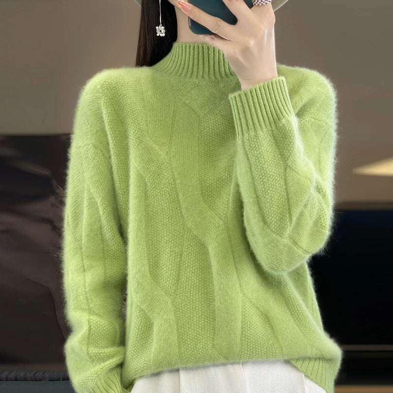 Women's pullovers fall/winter high-quality soft 100% merino wool sweater with half high neck and thick cashmere sweater top