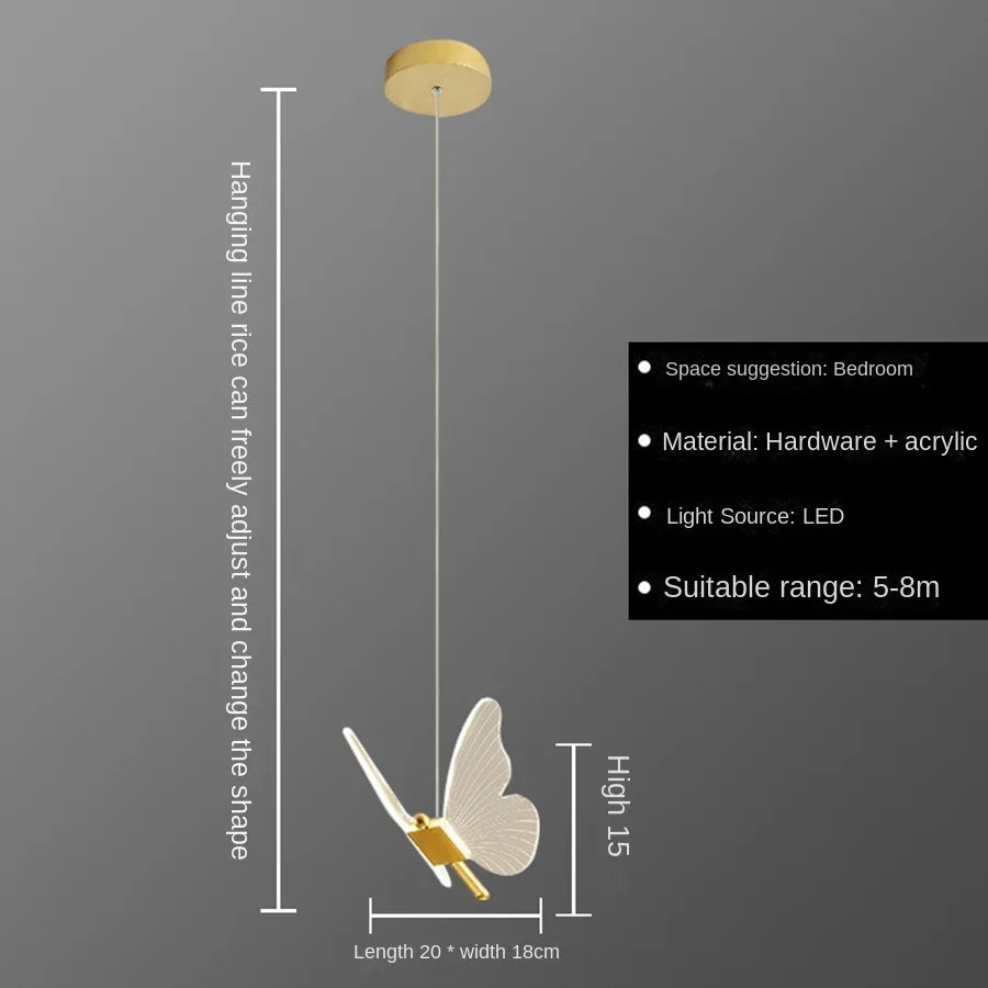 Butterfly LED Bedside Chandelier with Adjustable Length Modern and Minimalist Style Bedroom Lighting Restaurant Lighting 3000K