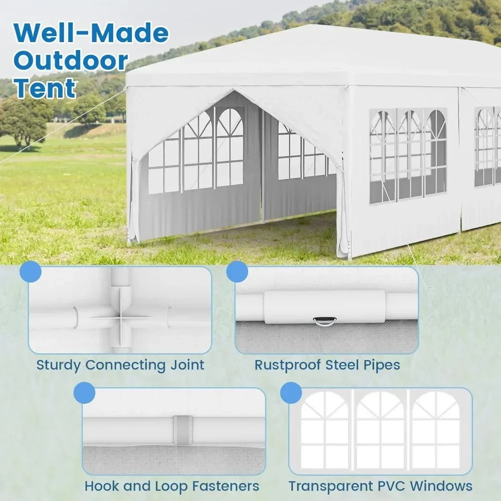 10x30 Ft Heavy Duty Party Awning, Large White Event Tent with 6 Sidewalls & 2 Zippered Door,for Patio, Backyard,Parties