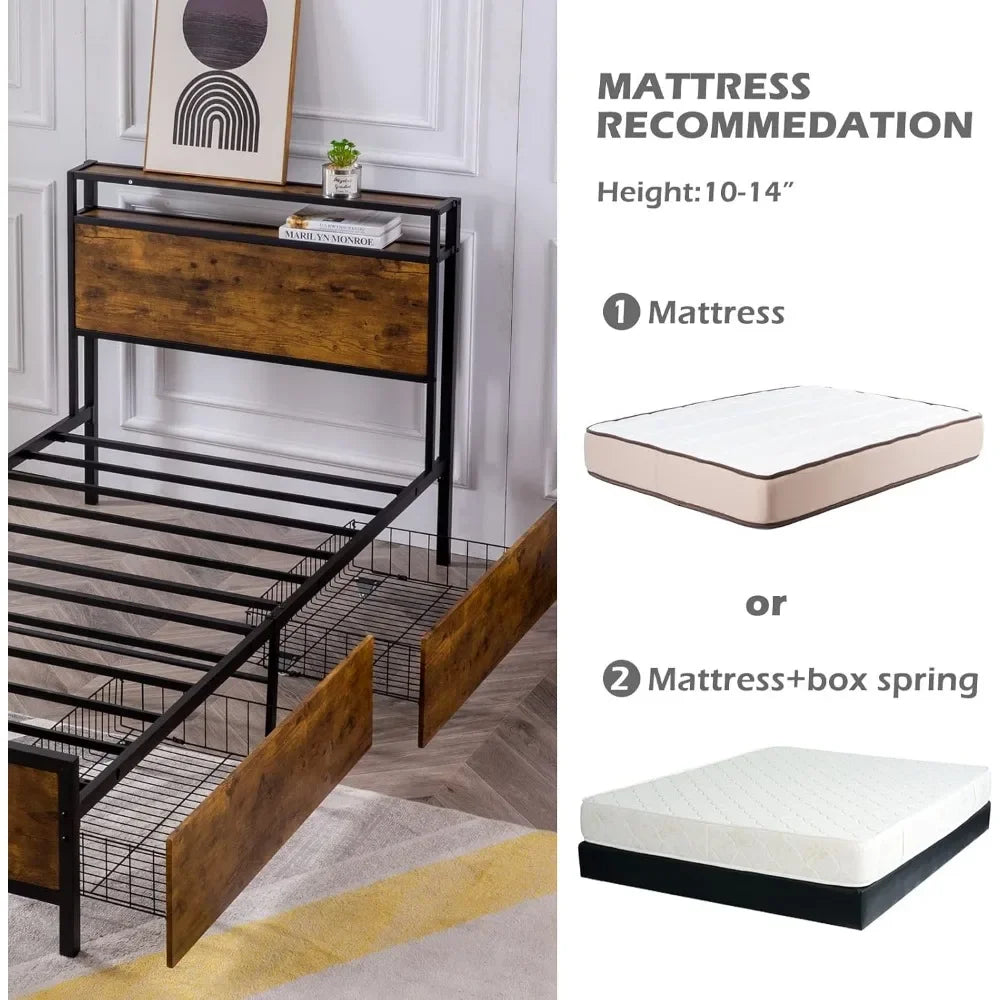 Twin Bed Frame with 2 XL Storage Drawers, Platform Bed Frame with 2-Tier Headboard, Strong Metal Slat Support