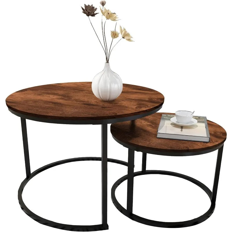 Round Coffee Table Set of 2 Modern Nesting Side End Table for Living Room,Round Wooden Coffee Table with Solid.