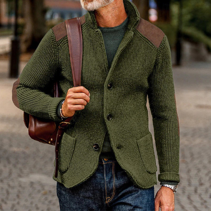 Vintage Patchwork Stand Collar Knitted Jackets Men Spring Casual Button Sweater Cardigan Mens Fashion Slim Knitting Sweatercoats