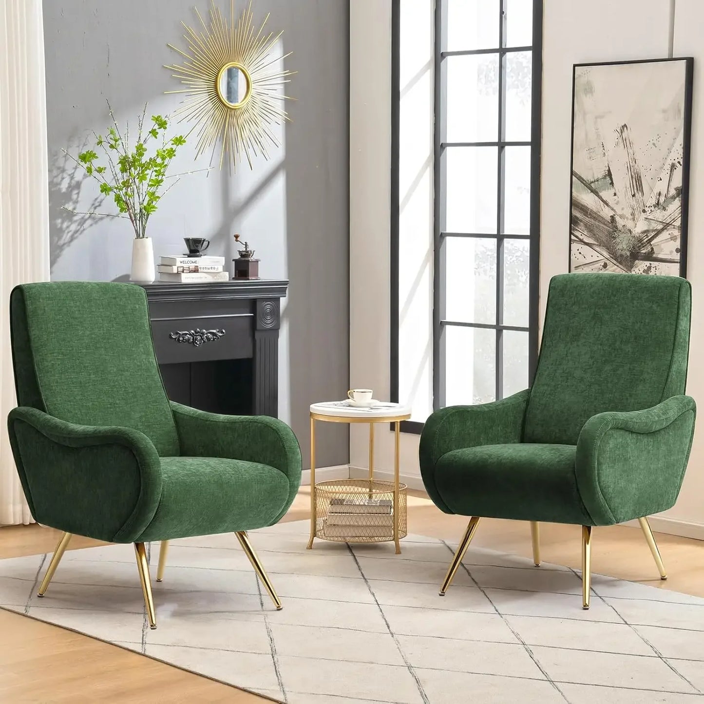 2PCS Upholstered Accent Chair, Chenille Armchair Comfy Reading Chair w/ Thick Cushion & Metal Legs, Leisure Lounge Chair, Beige