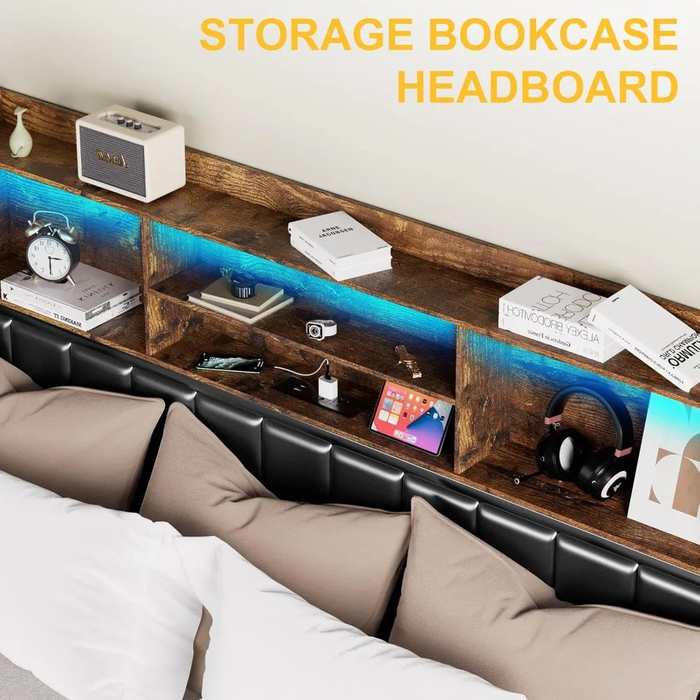Bed Frame with Storage Upholstered Shelves Headboard, Outlets with Charging Ports and Colorful LED Lights