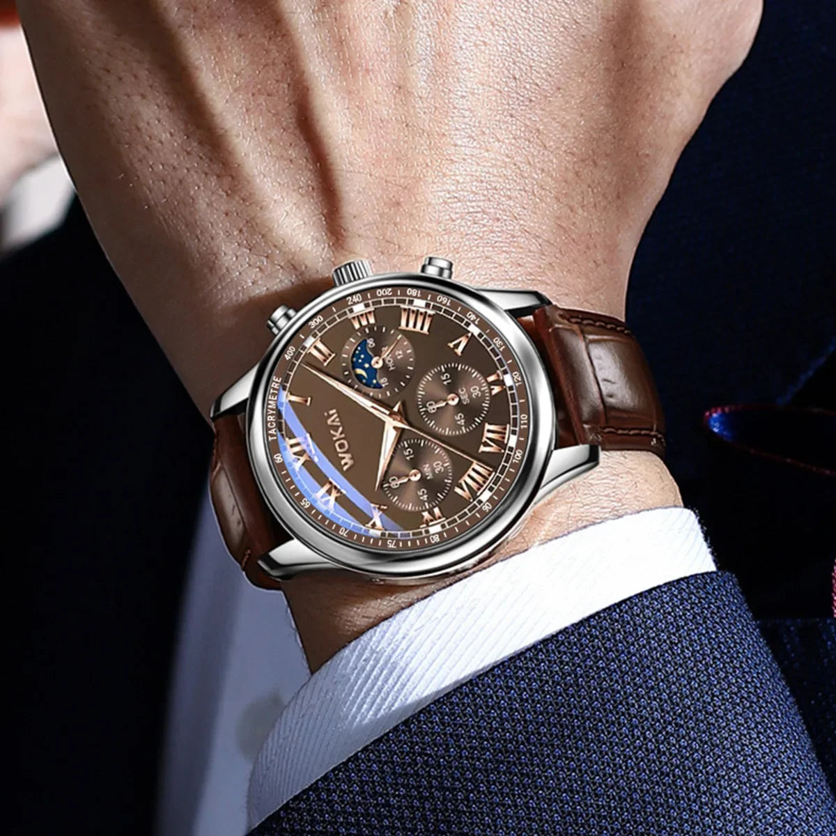 Fashion Business Watches Fake Three-Eye Roman Numerals Dial Clock Leather Strap Quartz Watch for Men Wristwatch Часы Мужские