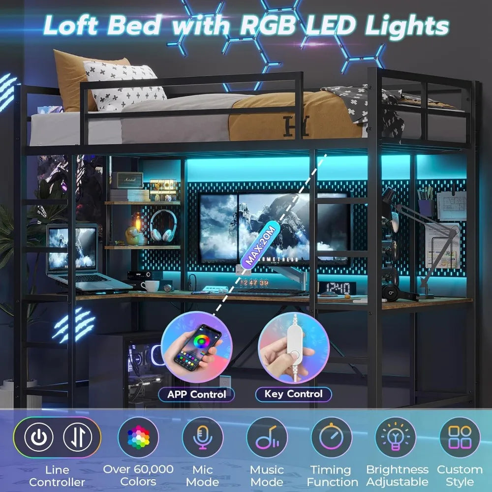 Twin Size Loft Bed with U Shaped Desk and Led Lights Twin LED Loft Metal Bed Frame with Charging Station and Storage Shelves