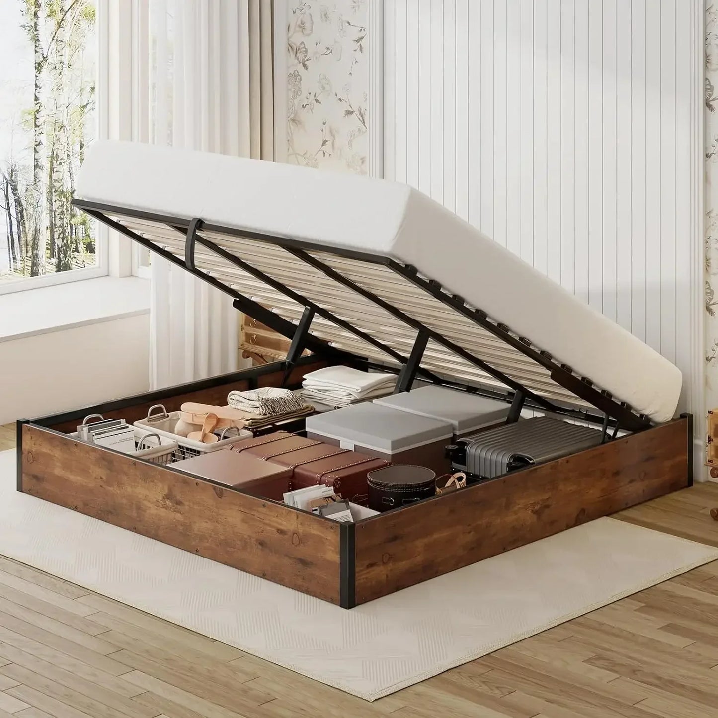 Bed Frame Queen Size Lift Up Storage Platform , Metal Bed Frame Wooden Slats Support, No Box Spring Needed, Large Storage Space