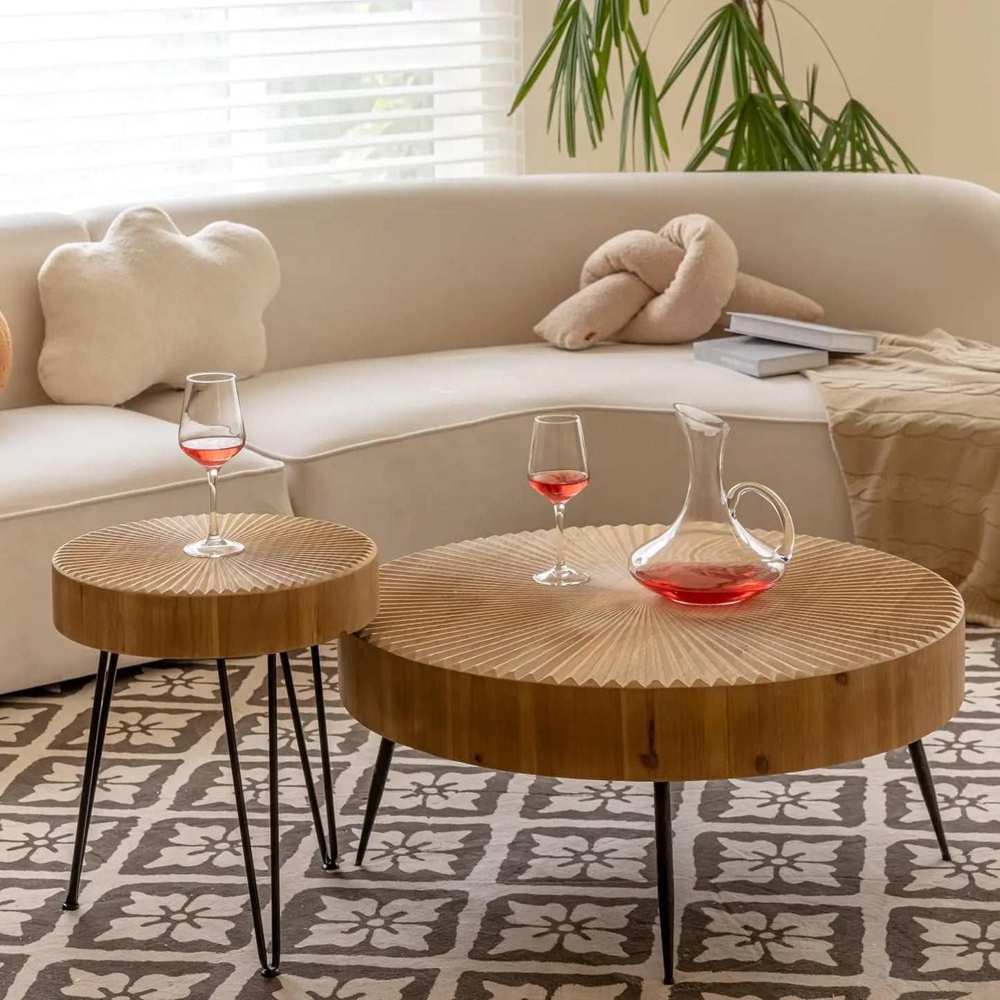 2-Piece Modern Farmhouse Coffee, Nesting Round Natural Finish with Handcrafted Wood Radial Pattern living room table sets,