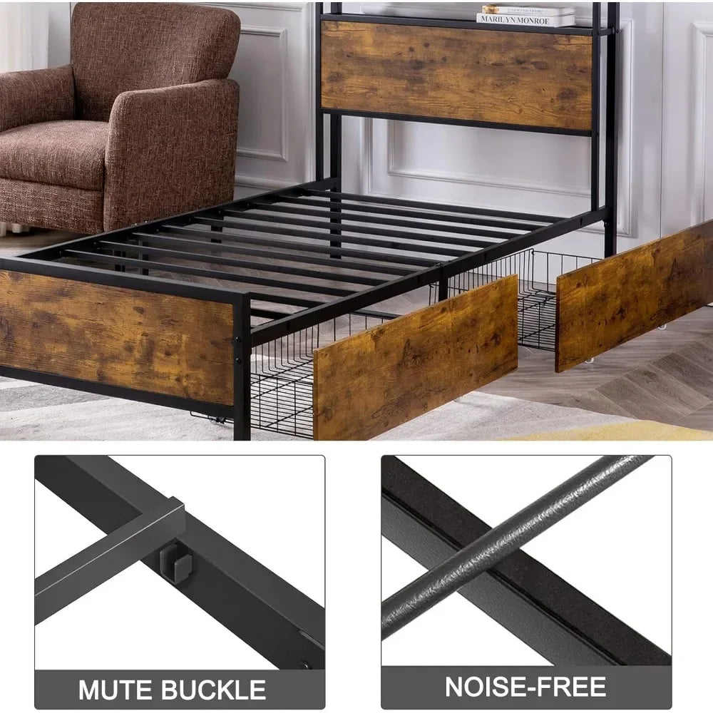 Twin Bed Frame with 2 XL Storage Drawers, Platform Bed Frame with 2-Tier Headboard, Strong Metal Slat Support
