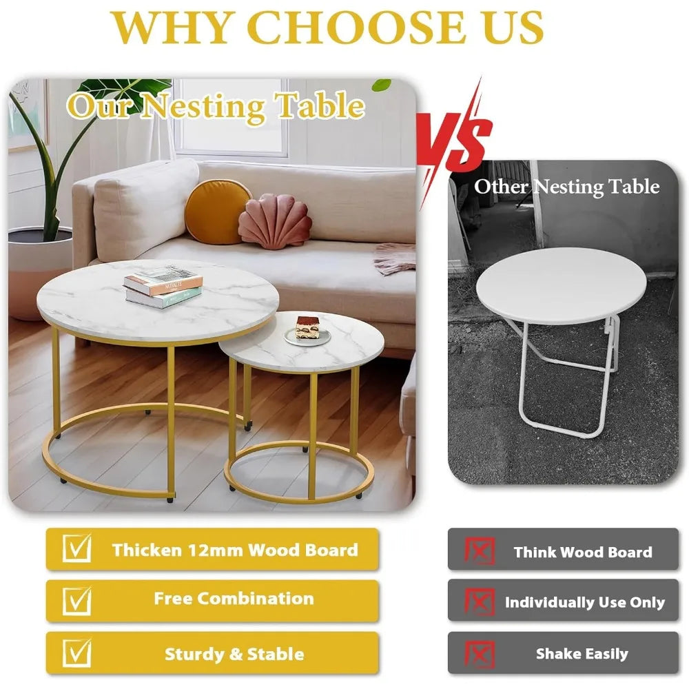2-piece Nested Table Set, Living Room Circular Coffee Table with Golden Metal Frame, Marble Patterned Nested Table