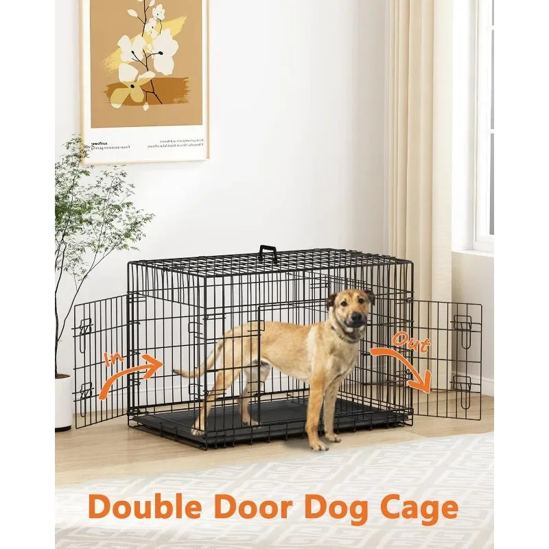 30 Inch Double Door Medium Dog Crate with Divider Panel and Leak- Proof Pan Tray, Folding Metal Wire Pet Kennel for Indoor，Grey