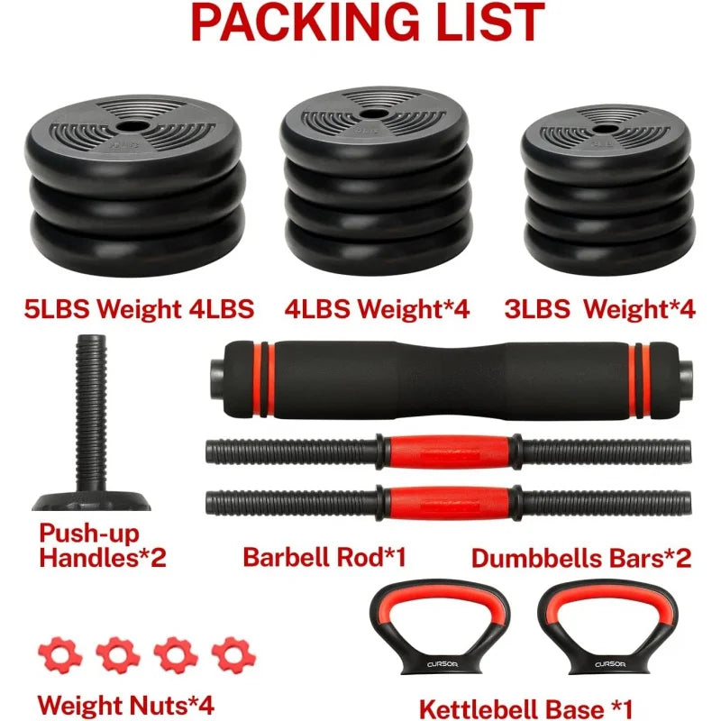 AQCURSOR FITNESS 4-IN-1 Adjustable Dumbbells Set,Work As Dumbbell/Barbell/Kettlebell/Push up Stand,Home Gym Weights Strength Tra