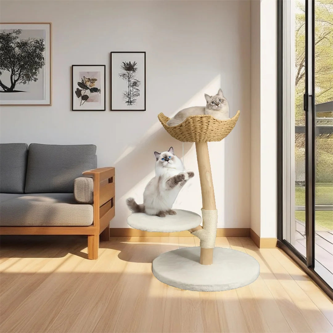 Modern Solid Wood Cat Tree Kitten Scratching Tree Activity Tower Center with Rest Dangling Toy Ball Sisal Scratching Post