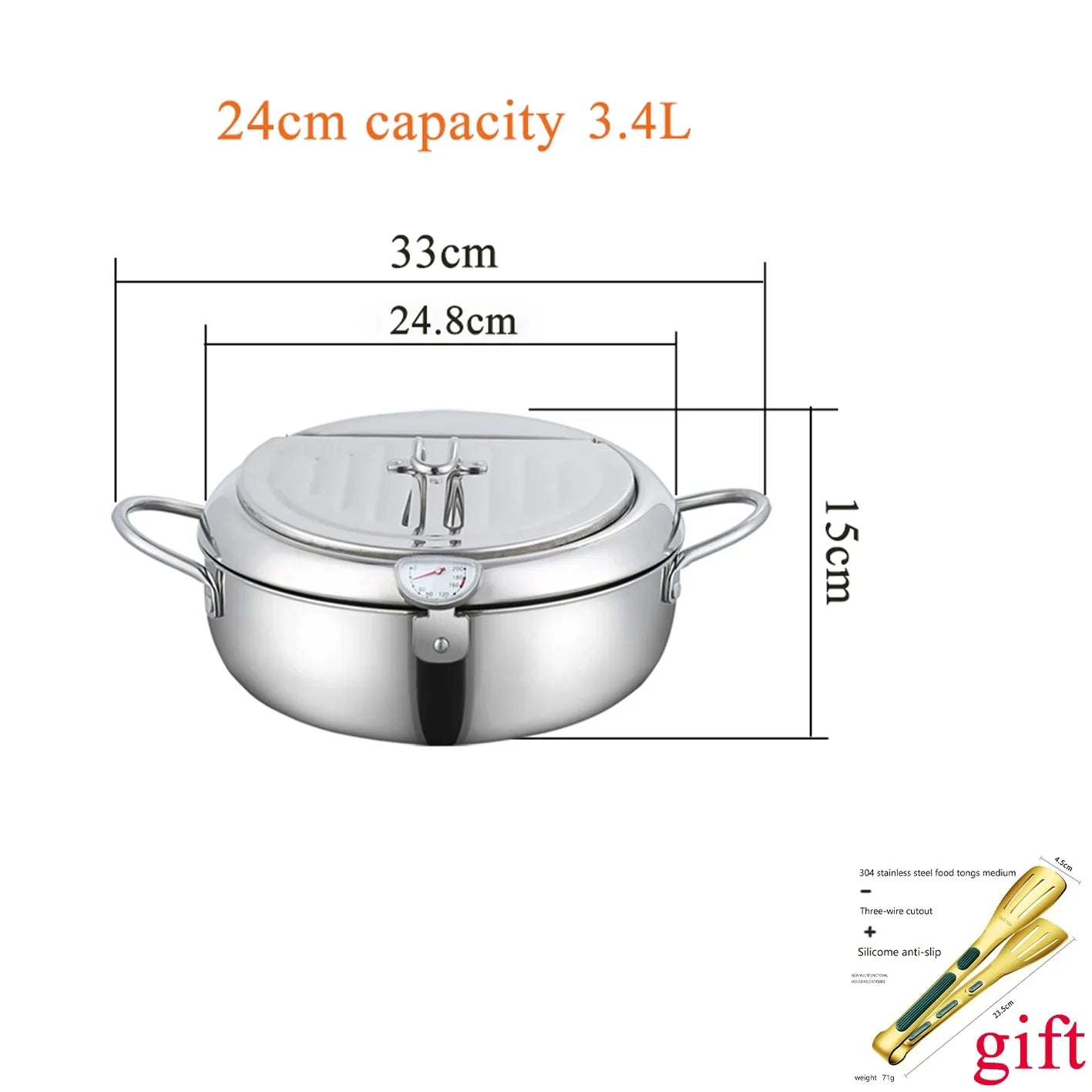 304 Stainless Steel Pan ,Tempura Fryer Pan, Japanese Deep Frying Pot with a Thermometer and a Lid， cookware ，20 /24 /28cm