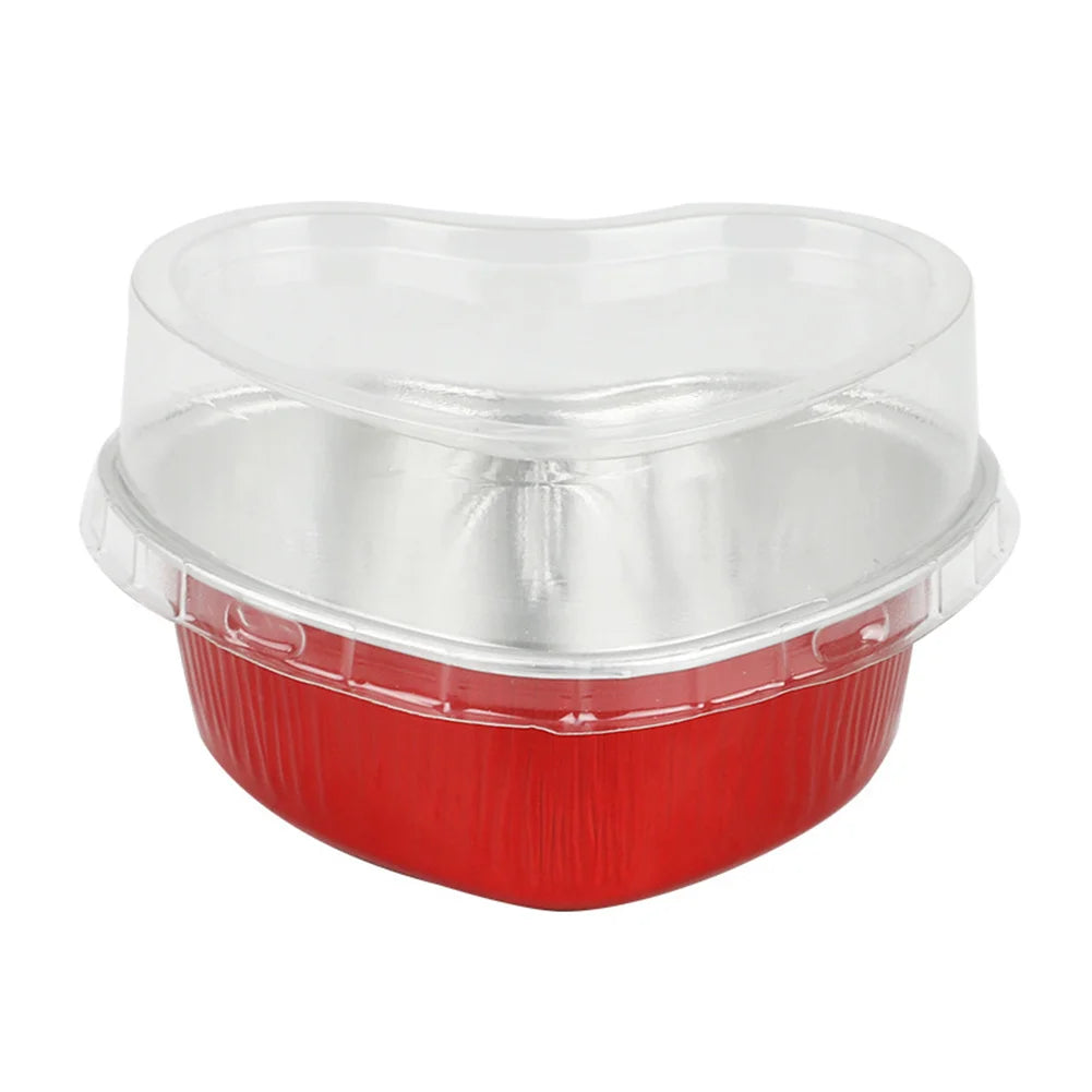 50 Pcs 100ml Tin Foil Cake Cup With Lid Heart-shaped Aluminum Foil Pudding Mousse Disposable Baking Tray Heat Resistant Mould