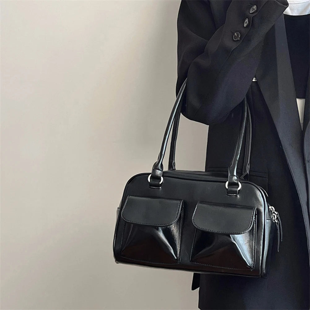 Retro Women's Satchel Hobo Bag PU Leather Shopping Bag Fashion Solid Designer Armpit Bag Casual Double Pocket Hand Underarm Bag